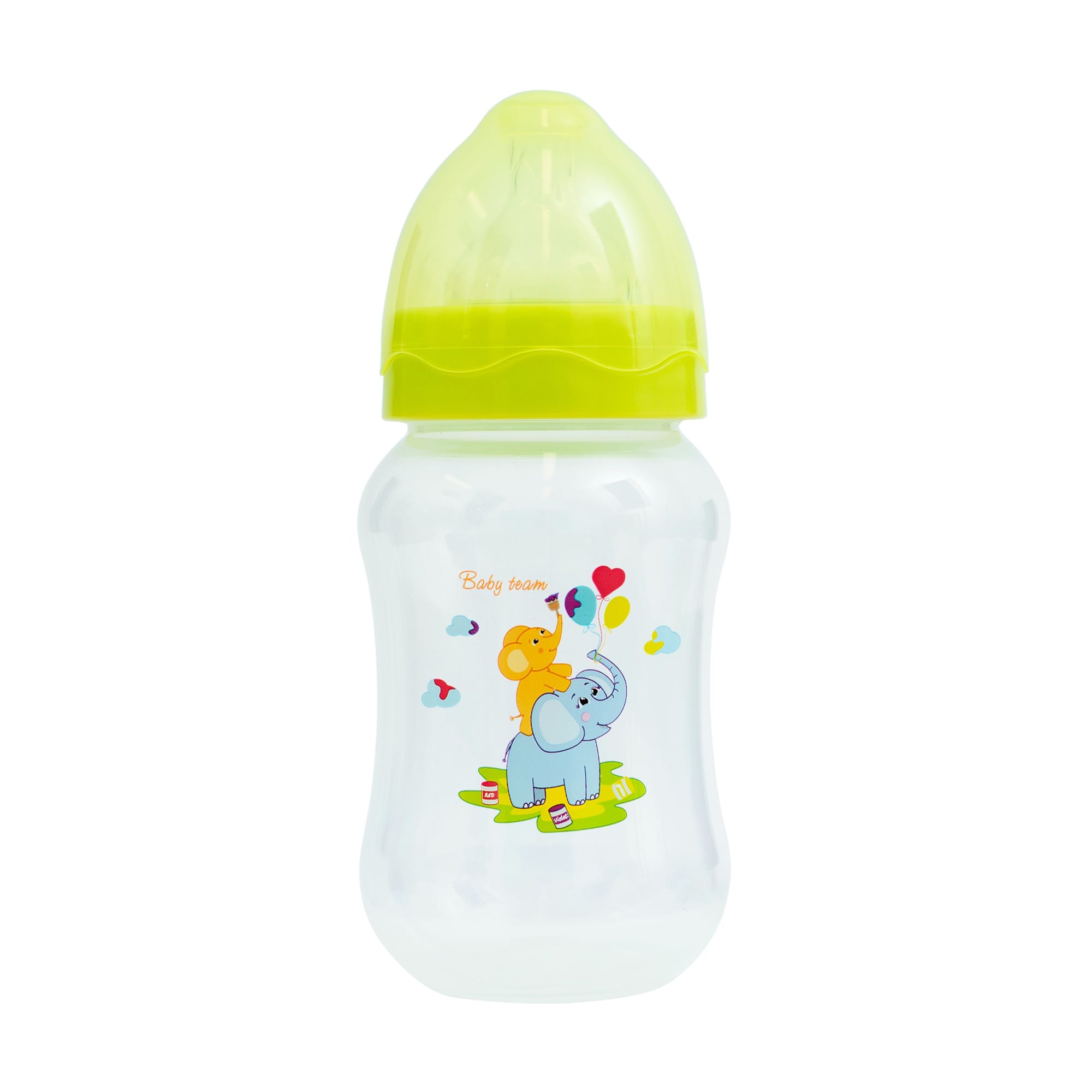 Дитяча пляшечка для годування Baby Team з широким горлом та силіконовою соскою, від народження, зелена, 250 мл (1002)